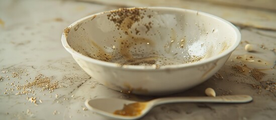Wall Mural - a close up image of a dirty white bowl and spoon with food residue perfect for copy space image