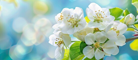Aufkleber - White apple blossom flower in close up on apple tree branches against a blue sky background with selective focus providing copy space image