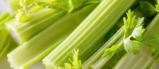 Wall Mural - Close up of celery with a white background provides ample copy space image