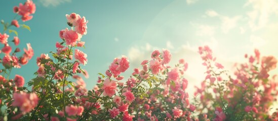 Aufkleber - Pink flowers beautifully arranged in a garden set against a bright sky make for a stunning copy space image