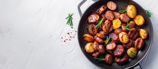 Wall Mural - A frying pan with cooked sausage and potatoes on a white background with copy space image