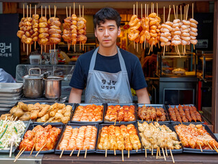 A man stands behind a table full of food, including many skewers. The man is wearing a black shirt and apron