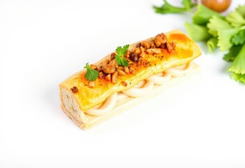 Wall Mural - A pastry roll with a creamy filling, topped with nuts and a sauce, garnished with parsley.