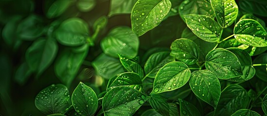 Aufkleber - Large green leaves with perforations in the untouched wilderness provide a tranquil copy space image