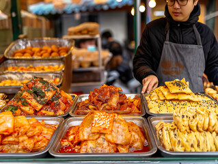 Canvas Print - A man is standing behind a counter with a variety of Asian food on display. The food includes dumplings, noodles, and other dishes. Concept of abundance and variety