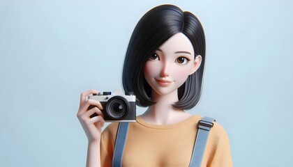 girl photographer, 3d character young woman brunette, holding camera, isolated on blue background