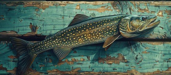 Freshly caught large freshwater pike fish on a vintage wooden jetty ideal for a copy space image taken on a summer day