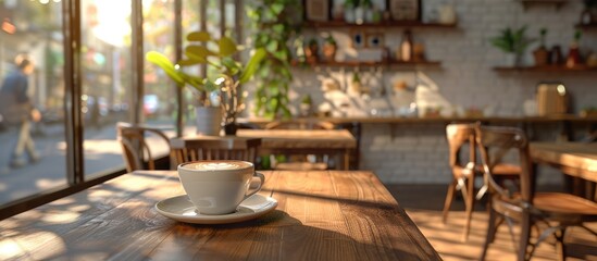 A coffee shop with latte art set on a wooden table blending colors creating a cozy atmosphere with copy space image