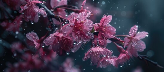 Aufkleber - A dark background sets the gloomy tone for an image of wet pink cherry blossoms with raindrops on their petals creating a serene and peaceful atmosphere with copy space image