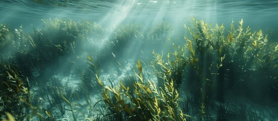 Underwater scene featuring giant seaweed with copy space image