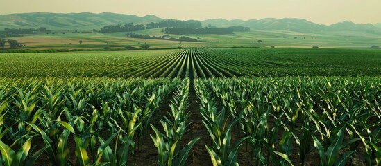 An expansive agricultural landscape featuring rows of corn plants on a large scale with a vast area filled with corn plants growing suitable for a copy space image