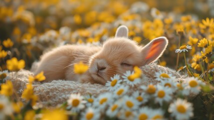 cute baby rabbit hare sleeping on blanket at daisy flower blossom field , yellow white daisy flower