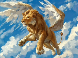 Poster - A lion with wings is flying in the sky. The painting is full of life and energy, with the lion looking up at the clouds. The blue sky and white clouds create a sense of freedom and adventure