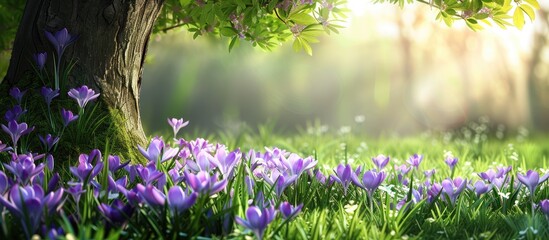 Aufkleber - Spring flowers including purple crocuses blooming beneath a lush green tree framing a serene copy space image