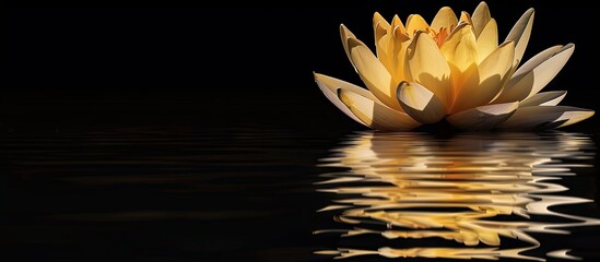 Aufkleber - Yellow lotus in bloom on a black background with a water reflection in the copy space image