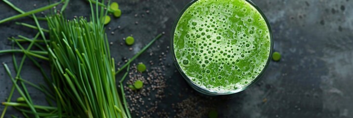 Wall Mural - Top view of a glass filled with fresh homegrown barley grass juice garnished with blades and powder