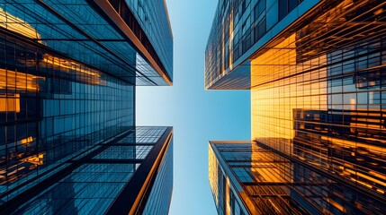 Towering skyscrapers, looking up, clear blue sky, modern architecture, glass facades, office buildings, urban cityscape, geometric patterns, reflective windows, golden hour lighting.