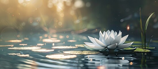 Aufkleber - White lotus blossom against a tranquil pond background with copy space image