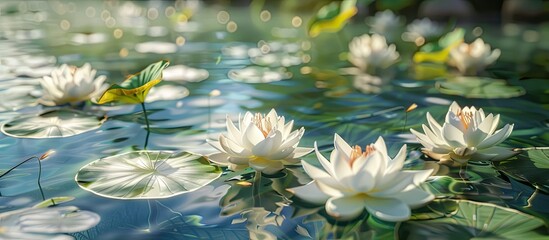 Aufkleber - White lotuses blooming in a serene pond with copy space image