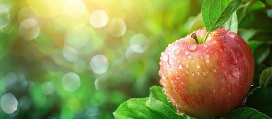 Wall Mural - Fresh apple with a water drop on its skin set against a lush green natural backdrop a concept representing a background with a copy space image