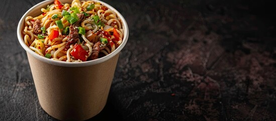 Wall Mural - Instant ramen noodles with beef and vegetables in a paper cup with space for adding images. . image with copy space