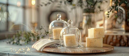 elegant glass cloches showcase herbal soap bars in a spa or healthcare setting embodying a minimalis