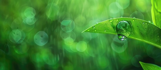 Aufkleber - Rain droplet on vibrant green leaf against blur background for a copy space image