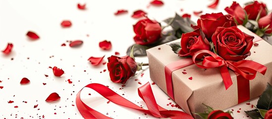 Poster - Gift box with ribbons and lovely roses in a copy space image on a white backdrop