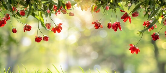 Aufkleber - Spring floral backdrop with cherry blossom branches focused perspective Red tulip frame outdoors on a green background with copy space image