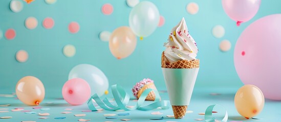 Poster - Gift box cone and balloons on a bright background with copy space image
