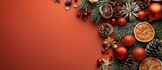 Fototapete - Top view of Christmas decorations with dried fruits wooden toys and a New Year theme in a copy space image