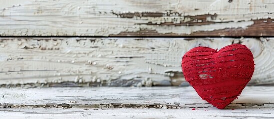 Aufkleber - A red heart shaped cushion close up on weathered white wood with copy space image for Valentine s background symbolizing the concept of love