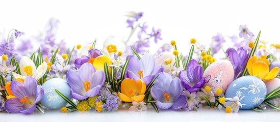 Poster - Easter eggs crocuses and other spring flowers on a white background with copy space image perfect for an Easter greeting card border template