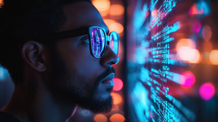 Wall Mural - ethical hacking,  A side view of a focused hacker wearing thick-rimmed glasses, his eyes fixed on a floating holographic display showing complex source code. The dimly lit room is