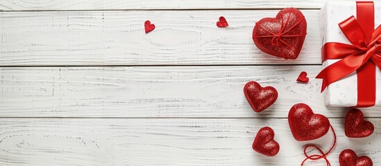 Poster - Red toy hearts and a gift box for Valentine s Day arranged on a white wooden table with a top down view and space for adding images. copy space available