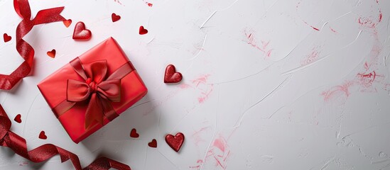 Poster - A red gift box adorned with a matching ribbon and bow set on a white background embellished with red hearts perfect for a holiday web banner Top view with copy space image