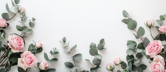 Poster - Copy space image of a floral wreath consisting of pink roses and eucalyptus leaves on a white background suitable for top view flat lay photography