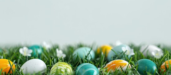 Aufkleber - Spring grass hosting vibrant eggs creating a cheerful Easter themed copy space image