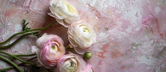 Flat lay of ranunculus flower on floral background with copy space image