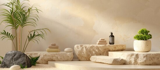 Aufkleber - A podium constructed from rocks set up for showcasing spa items with copy space image available