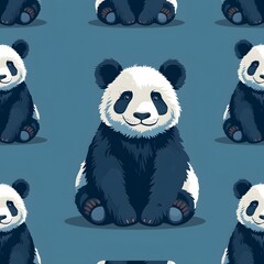 Wall Mural - Cute illustrated panda pattern on a blue background.