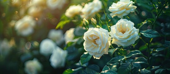 Aufkleber - A detailed close up of white roses blooming in a summer garden creating a picturesque nature background with ample copy space image