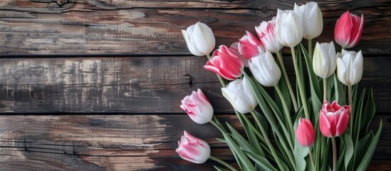 Aufkleber - A beautiful arrangement of pink and white tulips on a rustic wooden table perfect for celebrations like International Women s Day or Mother s Day This image includes copy space