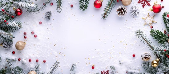 Fototapete - Top view copy space image of a snow covered white background adorned with Christmas tree decorations for a New Year Christmas sale