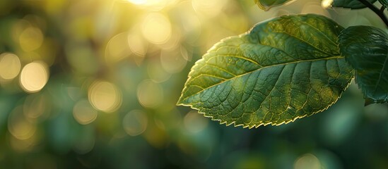 Aufkleber - Green leaf in focus against a blurred garden backdrop with copy space image embodying a natural theme for a wallpaper or ecological design