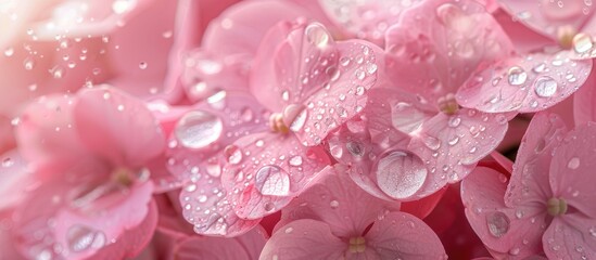 Poster - Close up shot of pink hydrangea flowers with water drops ideal for gardening concept greeting card cover design Mother s Day weddings and Women s Day copy space image