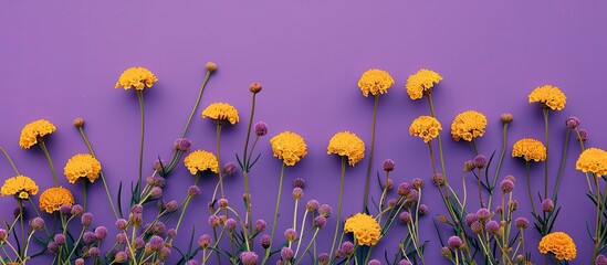 Poster - Close up of yellow flowers against a purple backdrop with copy space image