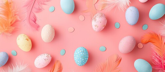 Canvas Print - A minimal Easter greeting card design featuring pastel pink background with colored eggs feathers and copy space image viewed from above in a flat lay style