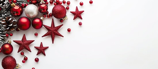 Poster - Festive Christmas arrangement with star ornaments against white backdrop evoking holiday and winter themes perfect for creative presentations with ample copy space image