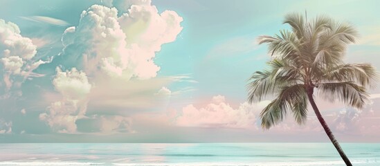 Poster - A tranquil summer day at the beach under a palm tree with a pastel hued sky clouds and a blurred background offering copy space image